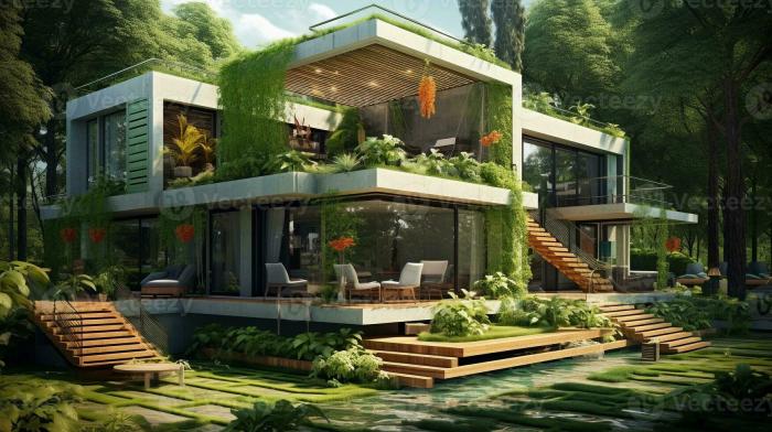 An artistic representation of a modern house designed with sustainable ...